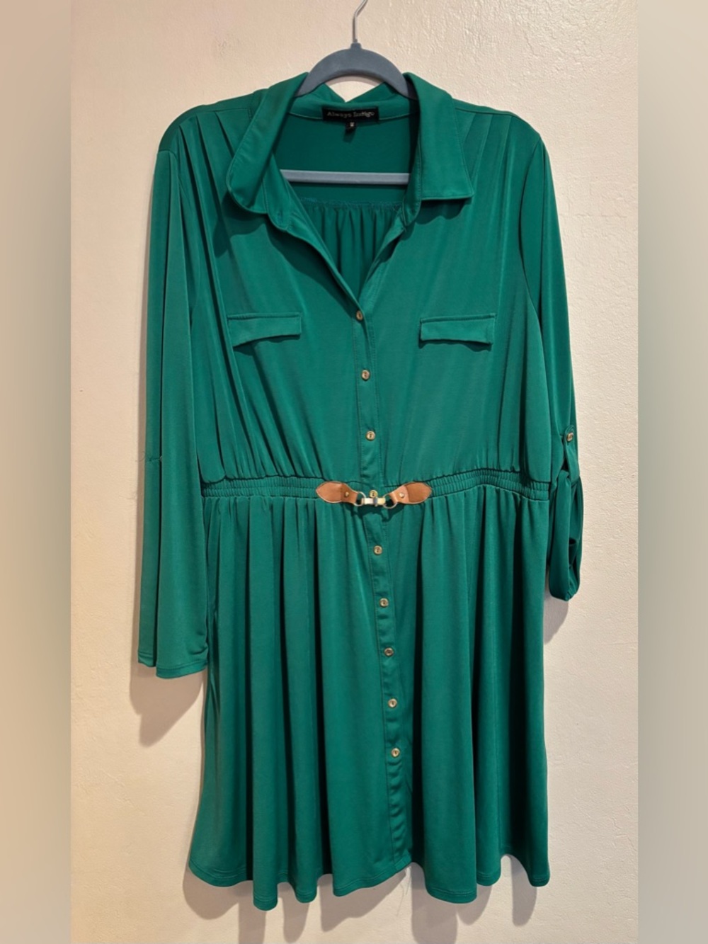 Shamrock Green 3/4 Sleeve Midi Dress with Faux Belt and Cinched Waist, size 1X - Picture 7 of 7
